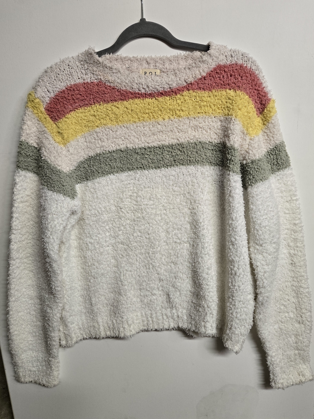 POL Fuzzy Crewneck Sweater in Cream with Pink, Yellow & Green Stripes